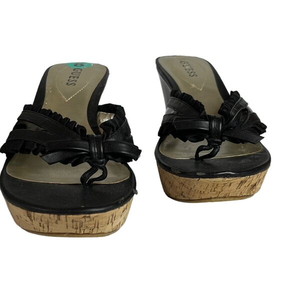 Guess Wedges Sandals Womens Size 8 Black Cork Shiny Summer - Picture 3 of 16